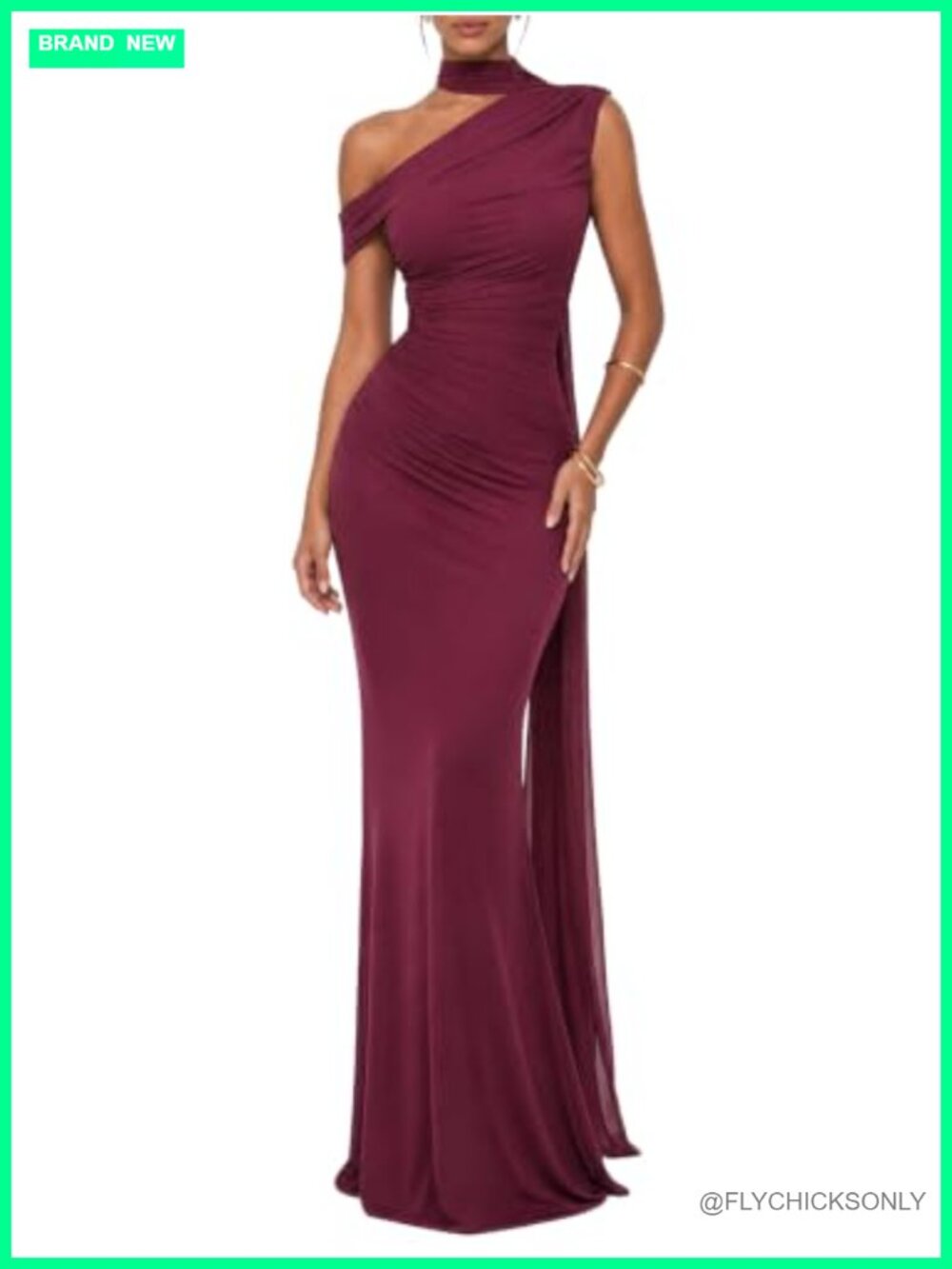 One Shoulder Mesh Ribbon Ruched Formal Maxi Dress Sleeveless Backless